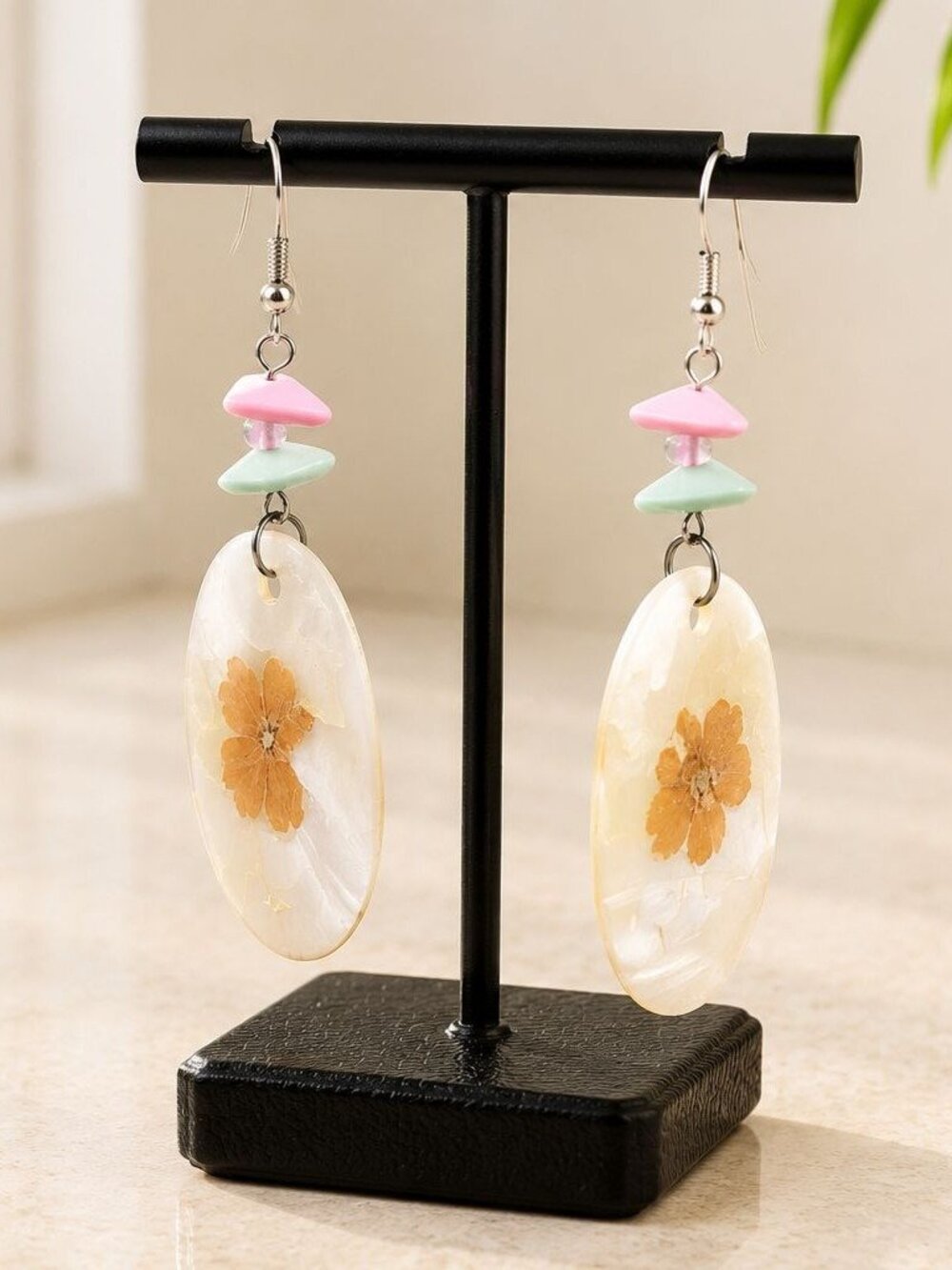 Floral Resin Drop Earrings With Pastel Beads & Mother-Of-Pearl Oval Design